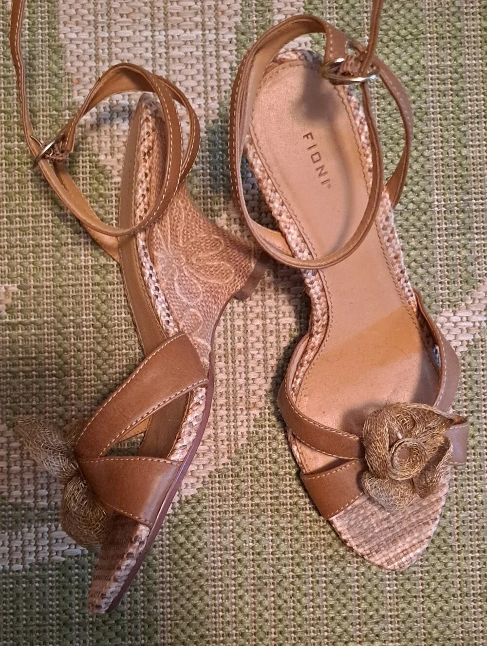FIONI Clothing Tan Floral Wedge Sandals with Ankle Strap
